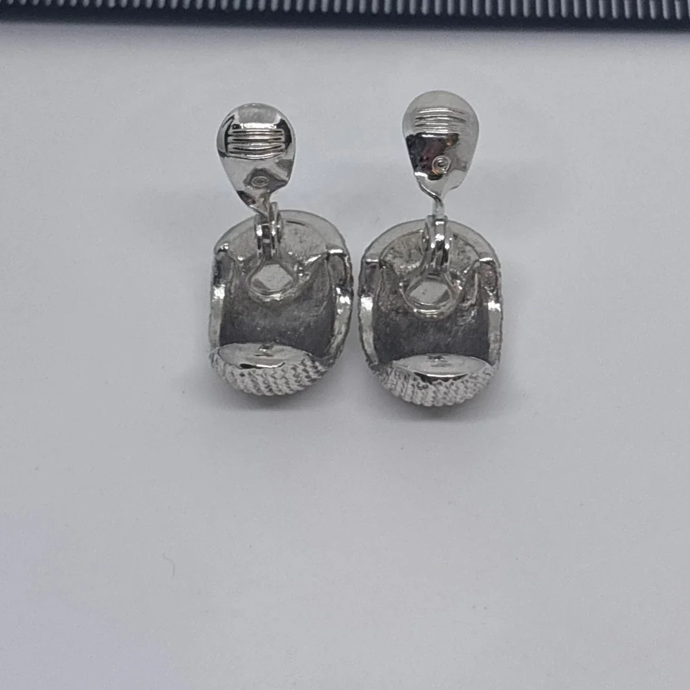 Monet Clip‎ On Earrings Silver Tone Textured Dome Vintage Designer Costume